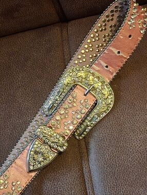 Rhinestone Studded Western Belt With Large Buckle Metallic Pink 32 To 36 Inches